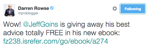 Darren Rowse ציוץ לקידום ספר אלקטרוני של ג'ף גואינס