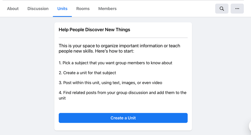 אפשרות ליצור יחידה ביחידות פייסבוק ארגז כרטיסיית יחידה