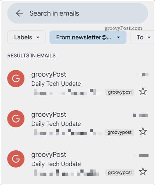 תוצאות חיפוש של אפליקציית Gmail
