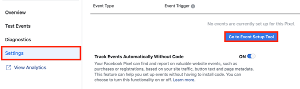השתמש בכלי הגדרת האירועים של פייסבוק, שלב 2, עבור לכפתור הכלי להגדרת אירועים בכרטיסייה הגדרות