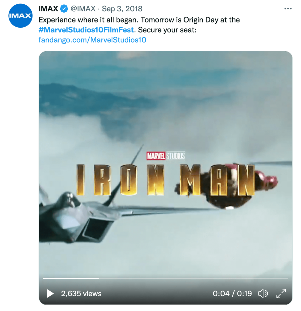 תמונה של ציוץ IMAX על פסטיבל הסרטים ל-10 שנים של אולפני Marvel