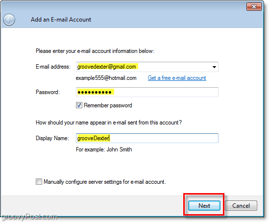 הזן אישורים לחשבון דוא"ל בדואר חי של Windows