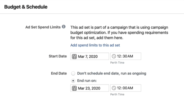 מקטע תקציב ותזמון ברמת קבוצת המודעות במנהל המודעות של פייסבוק