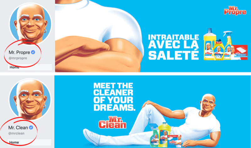 עמוד הפייסבוק ותמונת השער המציגות הבדלי שפה עבור המותג Mr. Clean בשוק צרפת / בלגיה וארה"ב