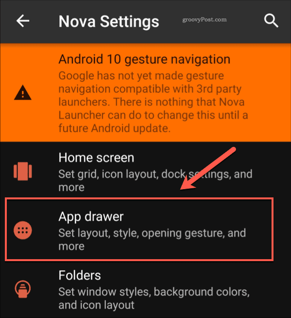 אפשרות תפריט מגירת אפליקציות של Nova Settings
