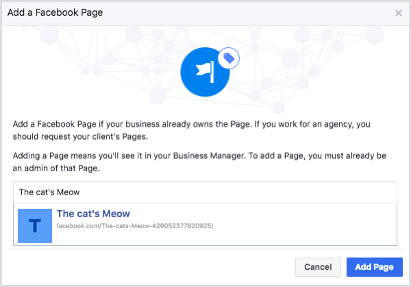 בחר את עמוד הפייסבוק שלך ולחץ על הוסף דף.