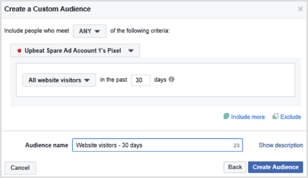 בחר אפשרויות להגדרת קהל מותאם אישית בפייסבוק של כל המבקרים באתר ב -30 הימים האחרונים