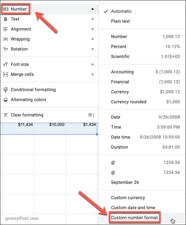 בחירת סוג מספר מותאם אישית ב-Google Sheets