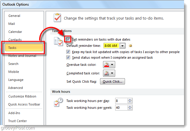 כיצד להגדיר תזכורות למשימות ברירת מחדל עבור Outlook 2010