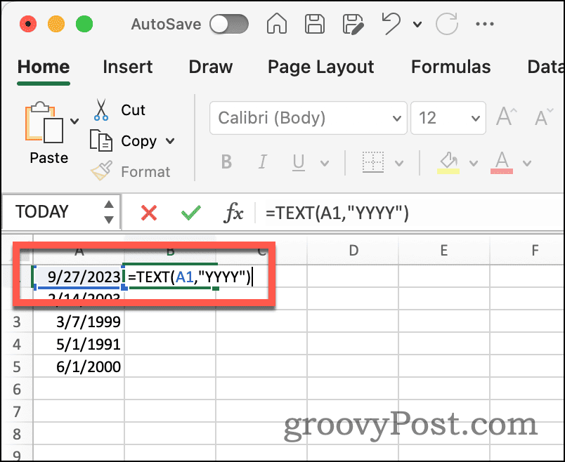 פונקציית טקסט של Excel לחילוץ שנה מתאריך