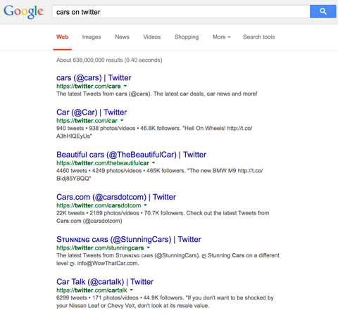 תוצאות פרופיל טוויטר בחיפוש Google אחר מכוניות בטוויטר