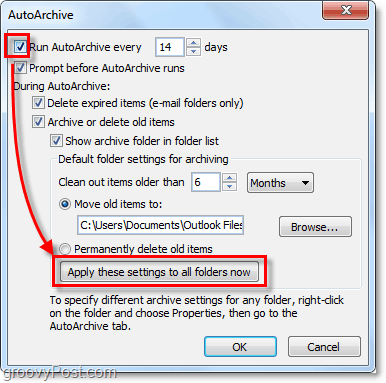 אפשר ארכיון אוטומטי עבור כל הודעות הדוא" ל של Outlook 2010