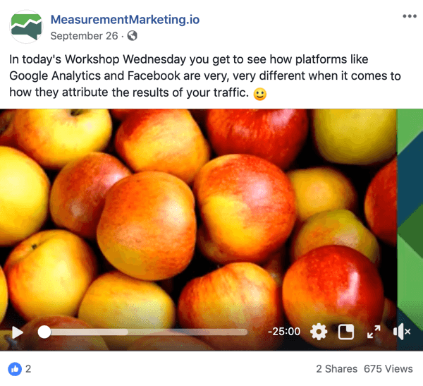 זהו צילום מסך של פוסט בפייסבוק מדף MeasurementMarking.io. הפוסט מציג גם סרטון שמקדם את מגנט ההובלה של כריס מרסר בסדנה בימי רביעי. משתמשים שצופים בסרטון או לוחצים עליו עשויים להשלים מטרת מודעות.