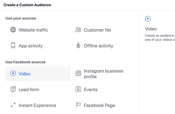 כיצד לקדם את האירוע החי שלך בפייסבוק, שלב 8, ליצור קהל מותאם אישית במנהל המודעות של פייסבוק על סמך צפיות בווידאו