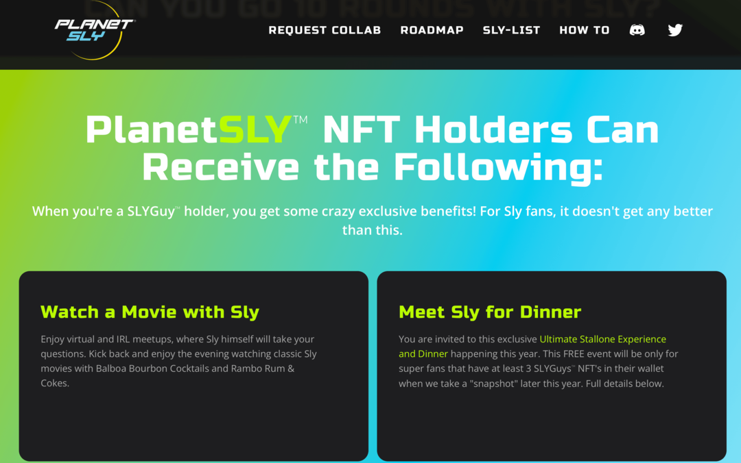תמונה של אתר PlanetSly המסביר את היתרונות עבור מחזיקי SLYGuy NFT