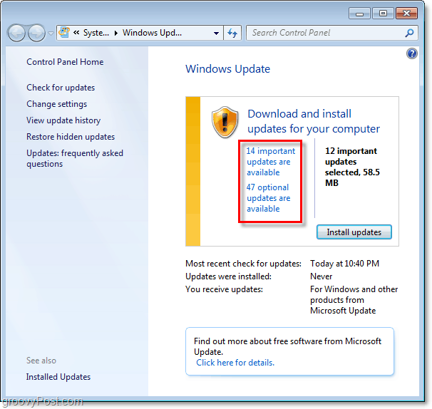 Windows 7 - תמונת מסך של Windows Update Page