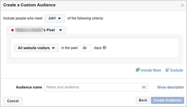 בתיבת הדו-שיח 'צור קהל מותאם אישית' של פייסבוק יש אפשרות למקד מודעות לכל המבקרים באתר תוך מספר מסוים של ימים.