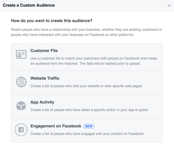 בחר כיצד ברצונך ליצור את הקהל המותאם אישית שלך בפייסבוק.