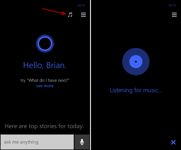 השתמש בקורטנה ב- Windows Phone 8.1 כדי לזהות שירים