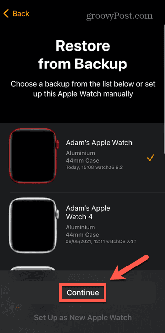 Apple Watch בחר גיבוי
