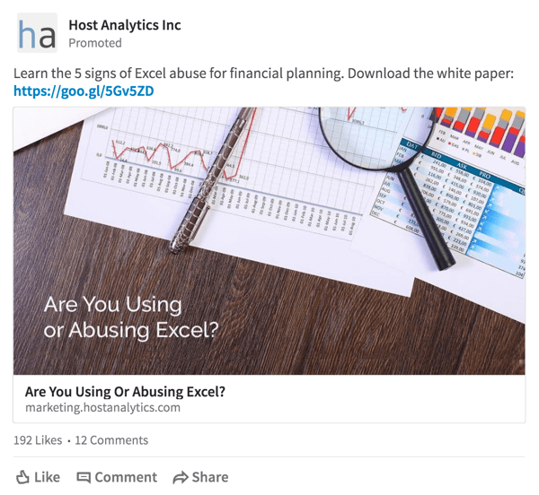 Host Analytics מספקת הצעה להורדת נייר לבן לקהל יעד ממוקד ב- LinkedIn.