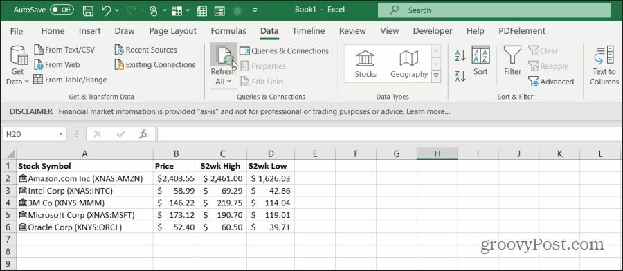 נתוני מלאי מרעננים ב- Excel