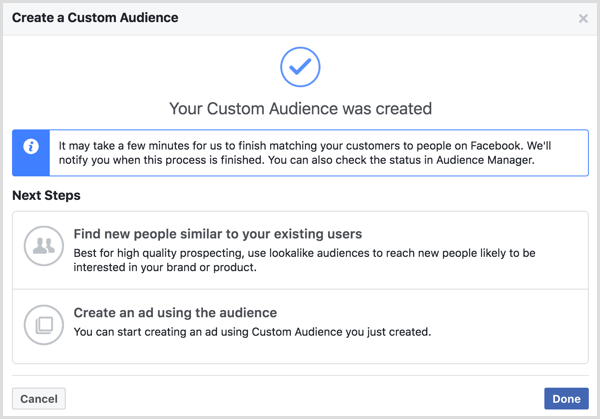 הודעת הקהל המותאם אישית שלך נוצרה המופיעה לאחר יצירת קהל מותאם אישית בפייסבוק