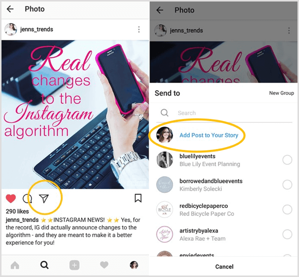 חפש את האפשרות הוסף פוסט לסיפור שלך כדי לראות אם יש לך גישה לתכונת השיתוף מחדש של Instagram.