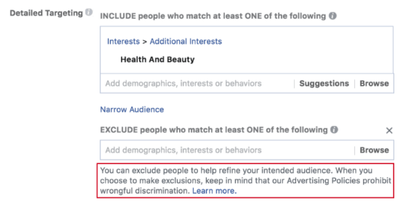 פייסבוק פרסמה הנחיות חדשות שמזכירות למפרסמים על מדיניות האנטי-אפליה של פייסבוק לפני שהם יוצרים קמפיין מודעות וכאשר משתמשים בכלי ההדרה שלה.