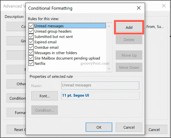 לחץ על הוסף כדי להוסיף כלל פורמט מותנה חדש ב- Outlook