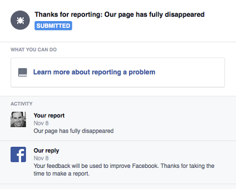 דיווח על עמוד פייסבוק חסר