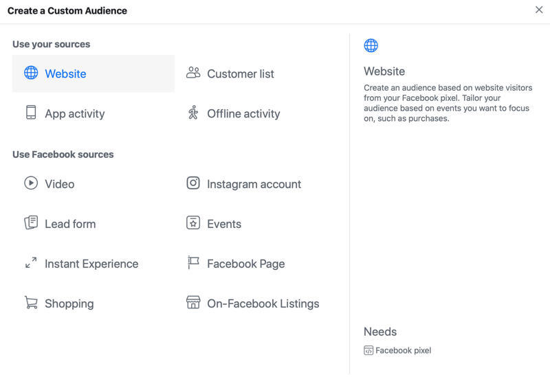 מודעה בפייסבוק אפשרויות תפריט קהל מותאמות אישית עם אפשרות המקור לאתר שנבחרה