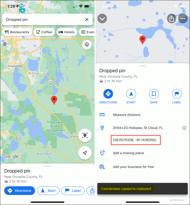 פין שמור ל- iPhone במפות Google