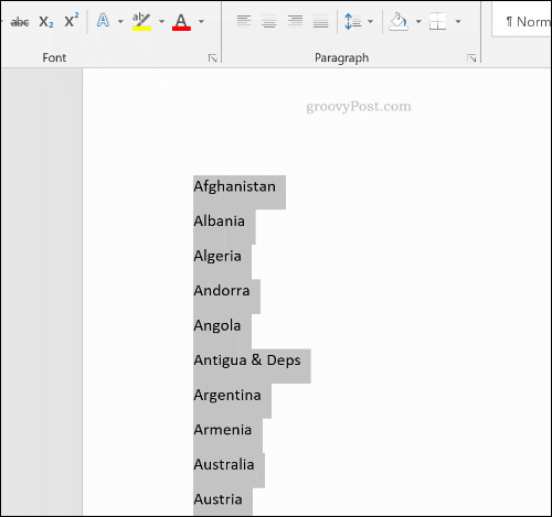 רשימה ממוינת ב- Microsoft Word