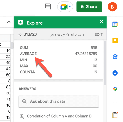 הכרטיסייה חקור ב-Google Sheets