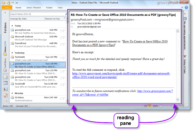 כיצד לשנות את מיקום חלון הקריאה המוגדר כברירת מחדל ב- Outlook 2010 ולהקל על הדוא"ל לקריאה