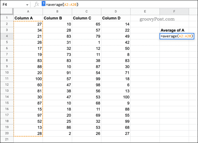 הפונקציה AVERAGE בשימוש ב-Google Sheets