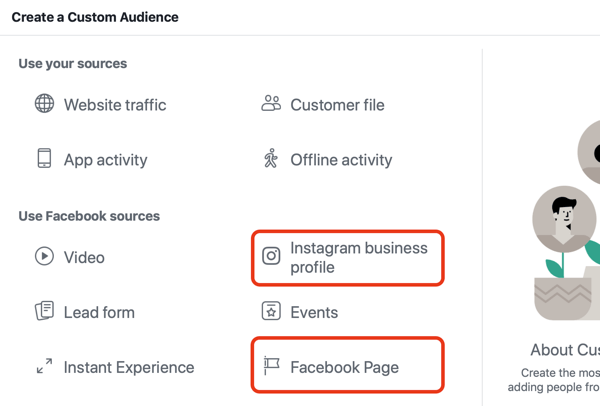 השתמש במודעות פייסבוק כדי לפרסם לאנשים שמבקרים בעמוד הפייסבוק שלך או באינסטגרם, שלב 1.