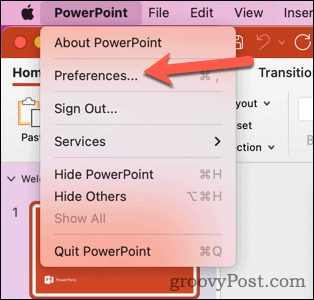 פתח את העדפות Mac PowerPoint