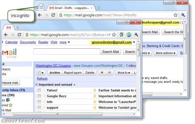 מחשב שמריץ שני חשבונות Gmail ב- Chrome