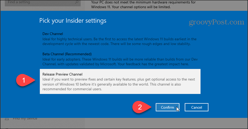 בחר בערוץ תצוגה מקדימה של שחרור עבור תוכנית Windows Insider