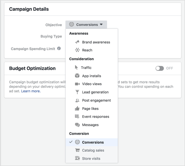 בחר את מטרת המודעה החדשה שלך בפייסבוק מהרשימה הנפתחת Objective.