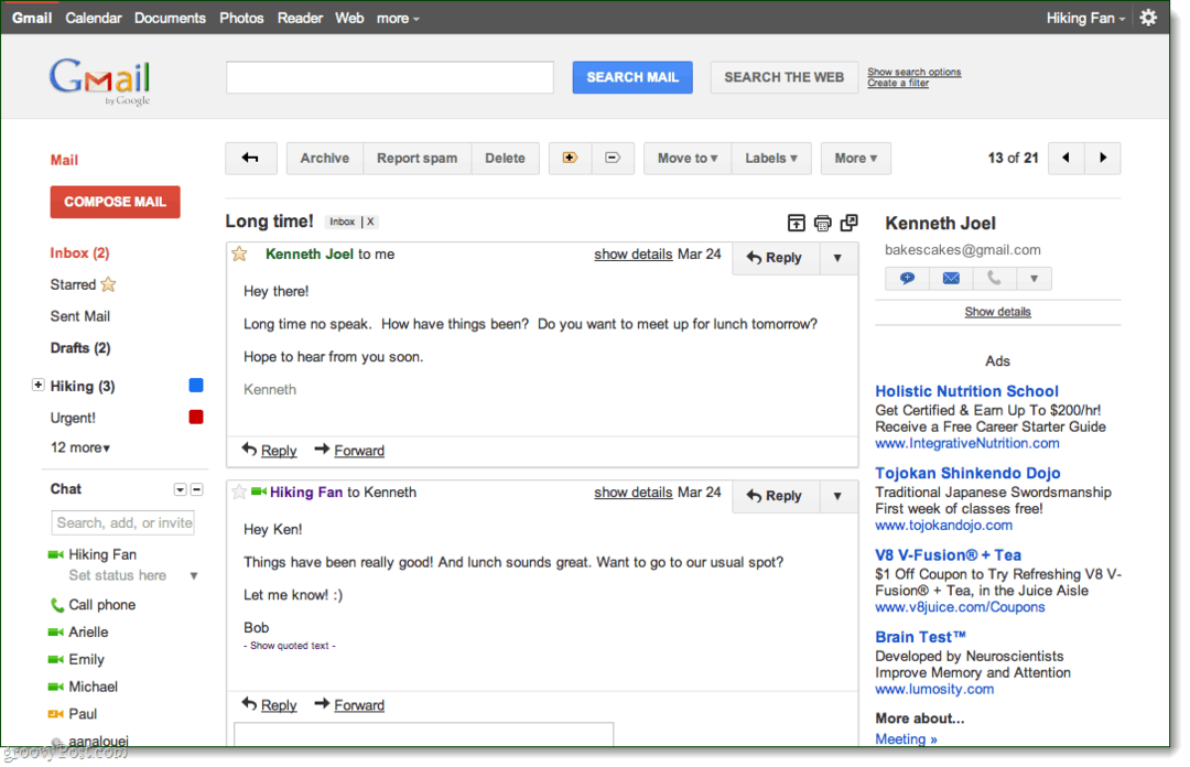 נושא השיחה המקדימה של Gmail