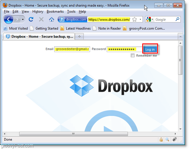 צילום מסך של Dropbox - התחבר ל- dropbox