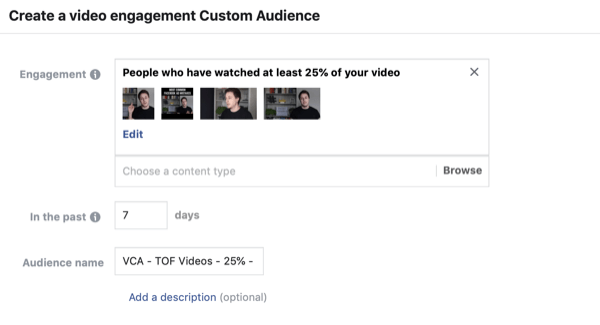 צור את הקהל המותאם אישית של פייסבוק לצופי הווידאו, שלב 2.