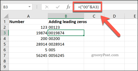 הוספת מספר מוגדר של אפסים מובילים לתאי Excel