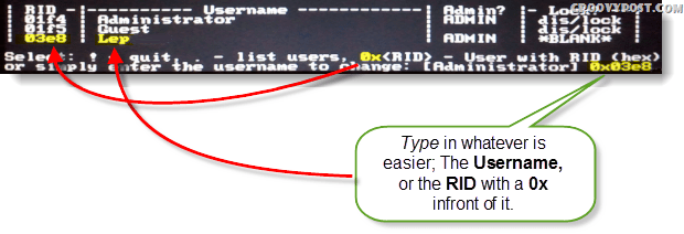 בחר!, צא. - רשימת משתמשים, 0x <RID> - משתמש עם RID (hex) או פשוט הזן את שם המשתמש כדי לשנות: [מנהל]