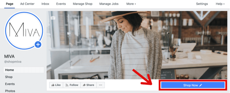 דוגמה לדף פייסבוק עם כפתור Shop Now