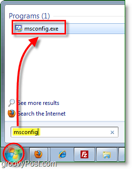 הפעל msconfig.exe מתפריט ההתחלה בחלונות 7