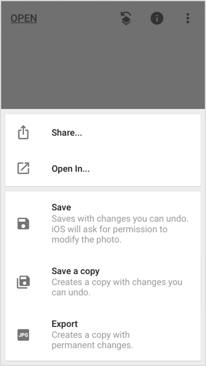 שתף, שמור או ייצא את התמונה שלך ביישומים ניידים כמו Snapseed.
